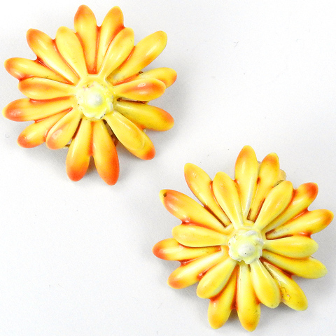 Sandor Yellow and Orange Enamel Sunflower Button Clip Earrings