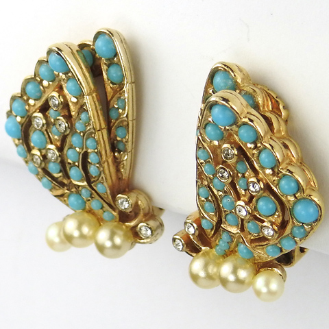 Ciner Gold Turquoise and Pearls Butterfly Clip Earrings