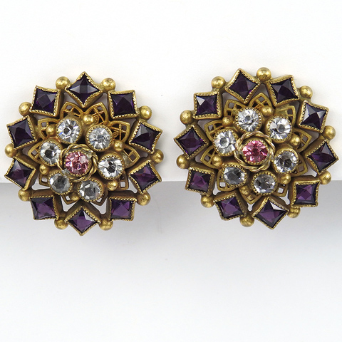 Sandor Gold Amethyst and Pink Topaz Starburst Button Clip Earrings