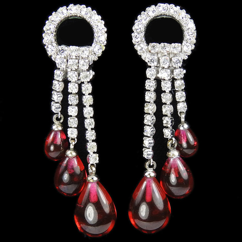 Ciner Pave Loop and Triple Graduated Teardrop Ruby Cabochon Pendants Clip Earrings