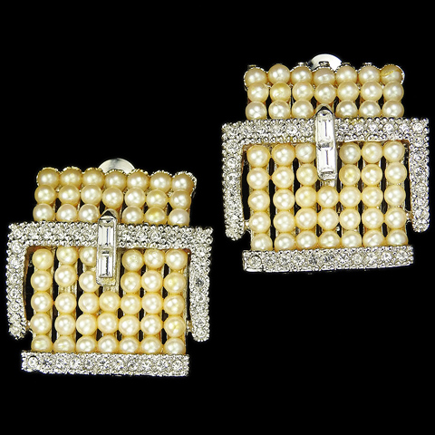 Ciner (unsigned) Pave and Pearls Belt Buckle Clip Earrings