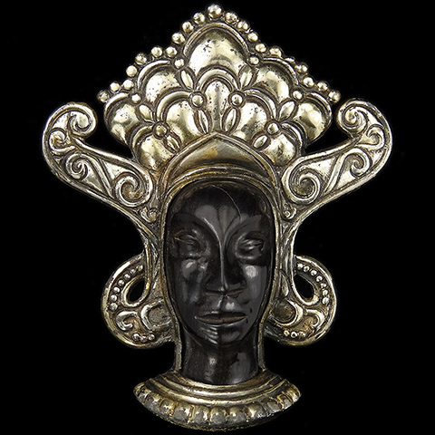 Sandor Tinted Lucite Aztec Head with Regal Headdress Pin Clip