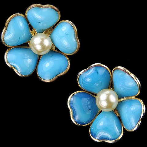 Gripoix for Chanel Turquoise Poured Glass Heart Shaped Petals and Pearls Flower Clip Earrings