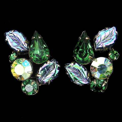 Schiaparelli Emerald and Aurora Borealis Fruit Salad Leaves Clip Earrings
