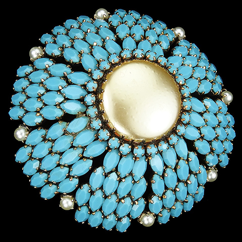 Schreiner Gold Mabe Pearl Marquis Cut Turquoise and Pearls Dome Pin