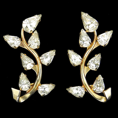 Christian Dior by Kramer Diamond Leaves on Golden Branch Clip Earrings