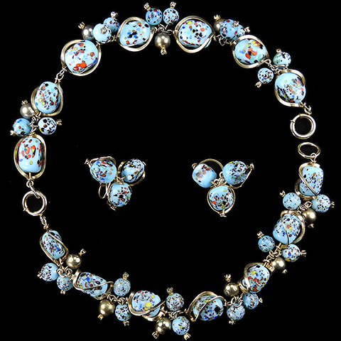 Christian Dior by Kramer Turquoise Marbled Blue Venetian Glass Necklace, or Two Bracelets, and Clip Earrings Set