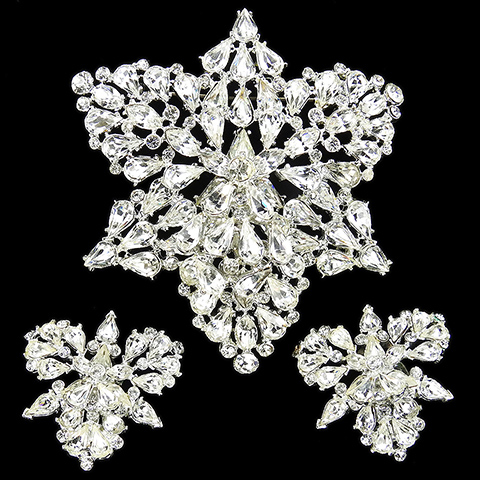 After Schiaparelli (unsigned) Giant Diamante Orchid Pin and Clip Earrings Set