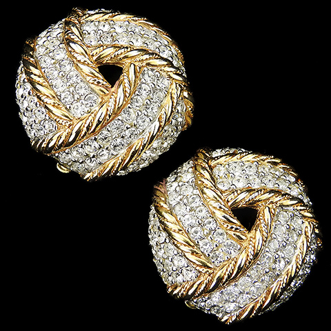 Ciner Pave and Gold Braids Infinite Loop Button Clip Earrings