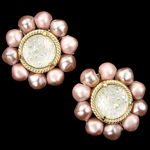 Schiaparelli Pink Baroque Pearls and Lavarock Flower Button Clip Earrings