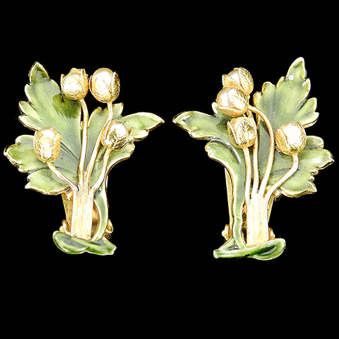 Sandor Gold Enamel and Pearls Flowering Trees Fruits and Leaves Clip Earrings 