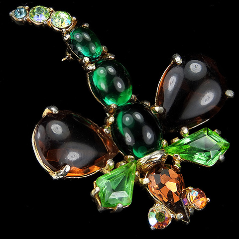 Schiaparelli Gold Peridot Topaz Emerald and Aurora Borealis Dragonfly Pin