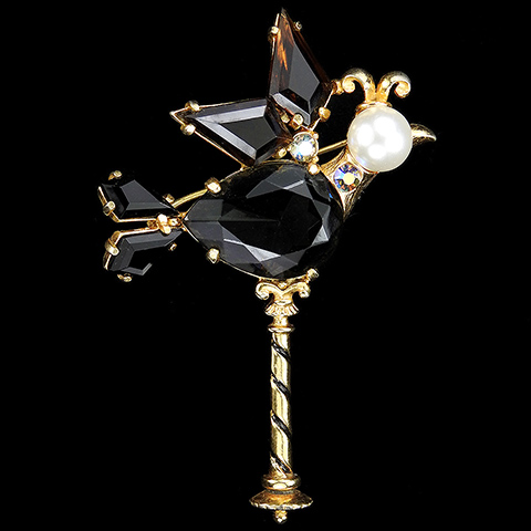 Schiaparelli Gold Smoky Topaz Onyx Pearl Topaz and Aurora Borealis Weather Vane Bird Pin