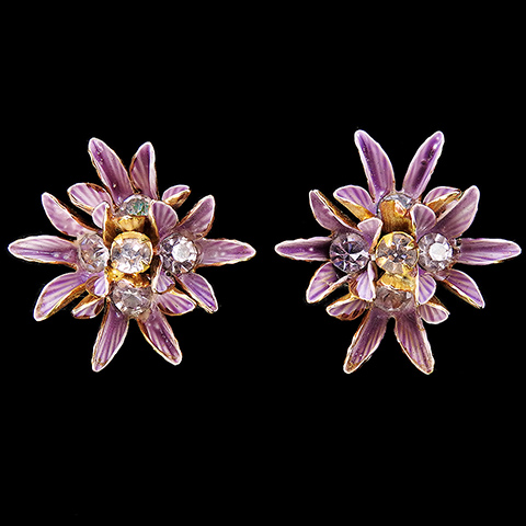 Sandor Amethyst and Enamel Purple Star Flower Clusters Clip Earrings