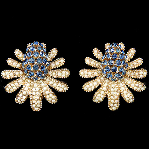 Ciner Gold Seed Pearls and Sapphires Pineapple Clip Earrings