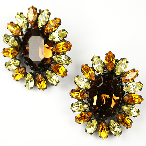 Schreiner Citrine and Topaz Oval Flower Button Clip Earrings