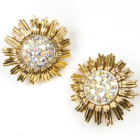 Trifari Gold and Pave Aurora Sunburst Button Clip Earrings