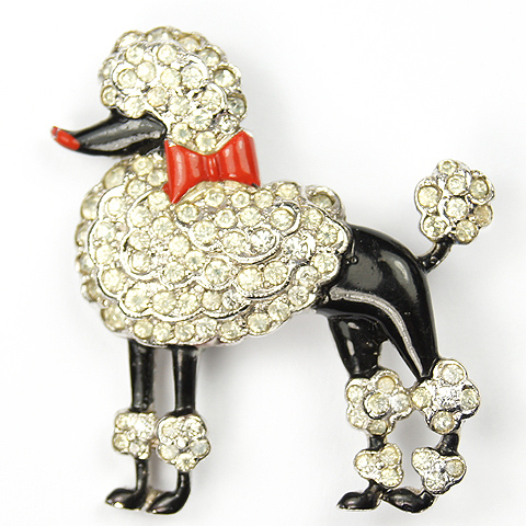 KTF Trifari 'Alfred Philippe' Pave and Black Enamel Miniature Poodle with Red Bow Pin