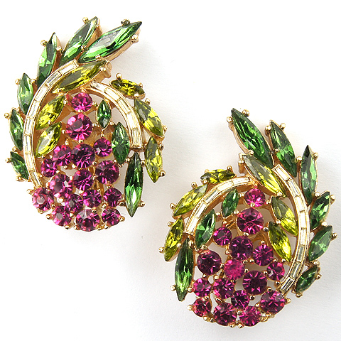 Trifari 'Alfred Philippe' 'Esplanade' Gold Diamante Baguettes Fuchsia Berries and Olivene and Emerald Leaves Larger Clip Earrings
