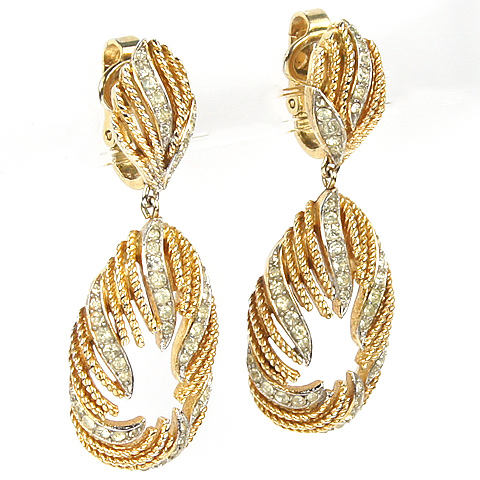 Trifari 'Egrets' Gold and Pave Pendant Wreaths Clip Earrings
