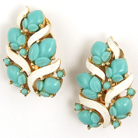 Trifari 'Alfred Philippe' White Enamel Leaves and Turquoise Fruit Salad Clip Earrings
