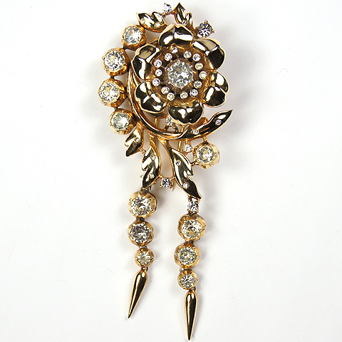 Trifari 'Alfred Philippe' Gold and Pave Climbing Rose Flower Swirl with Double Pendants Pin Clip