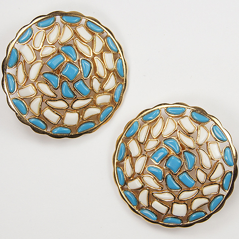 Trifari 'Alfred Philippe' 'Modern Mosaics' White and Blue Poured Glass Giant Circles Clip Earrings
