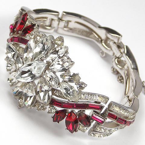 Trifari 'Alfred Philippe' Diamante Navette Flower Cluster and Invisibly Set Ruby and Pave Stripes Bracelet