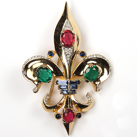 Trifari 'Alfred Philippe' Ruby Emerald and Sapphire Fleur de Lys Pin
