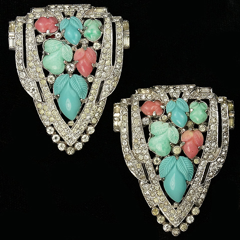 KTF Trifari 'Alfred Philippe' Deco Shield Turquoise and Coral Fruit Salads Pair of Dress Clips