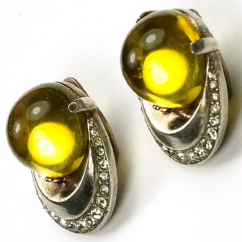 Trifari Sterling 'Alfred Philippe' 'Horseshoe' Yellow Lucite Jelly Belly Clip Earrings