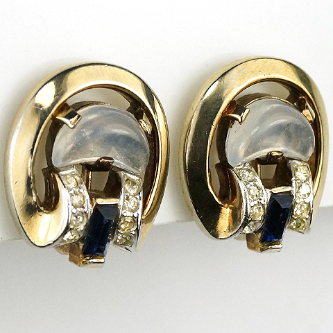 Trifari 'Alfred Philippe' Gold Moonstone and Sapphire Baguettes 'Clair de Lune' Clip Earrings