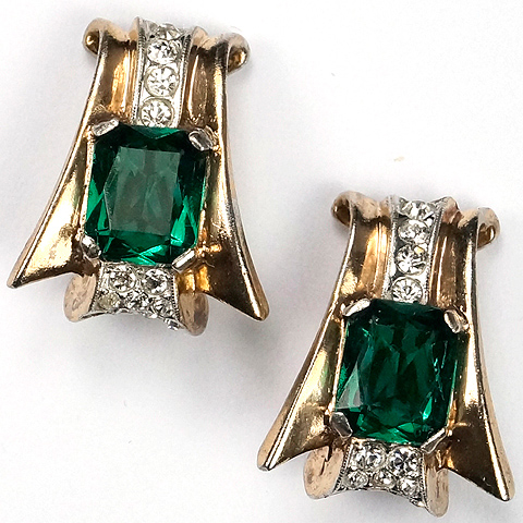Trifari Sterling 'Alfred Philippe' Gold Pave and Emerald Deco Swirl Clip Earrings