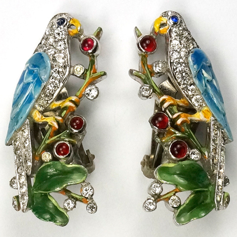 Trifari 'Alfred Philippe' Pave and Enamel Parrots on Branches Clip Earrings