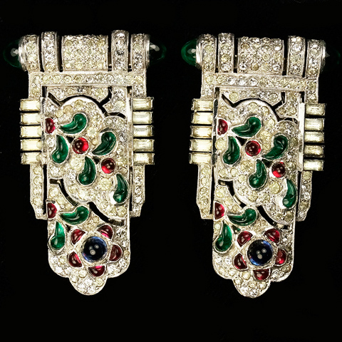 KTF Trifari 'Alfred Philippe' 1930s Jewels of India Pair of Pave and Tricolour Fruitdrop Cabochons Dress Clips