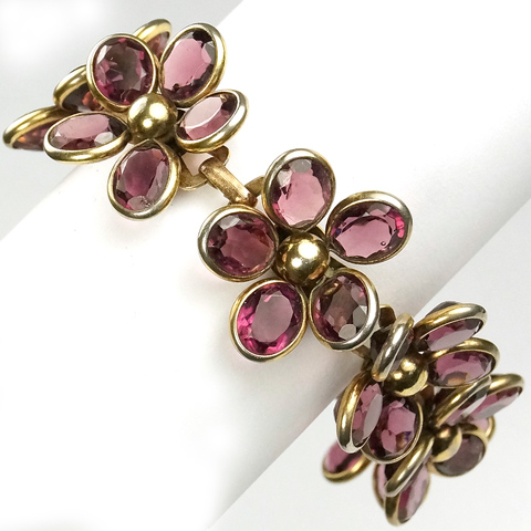 Trifari 'Alfred Philippe' Gold and Oval Cut Amethyst Petals Eight Flowers Bracelet