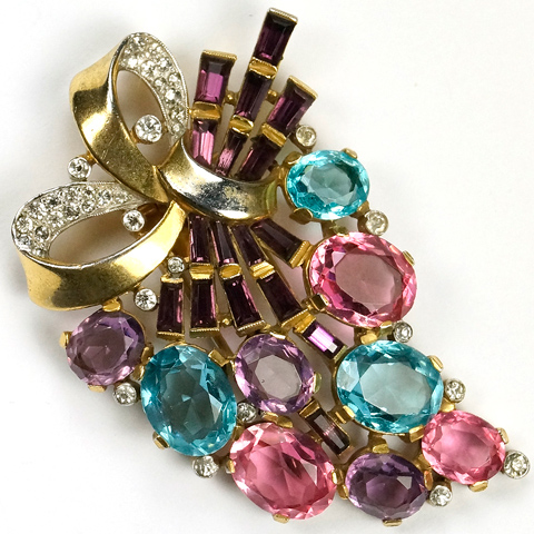 Trifari 'Alfred Philippe' 'Ombre Stone' Aquamarine, Amethyst and Pink Topaz Golden Floral Bow Pin Clip
