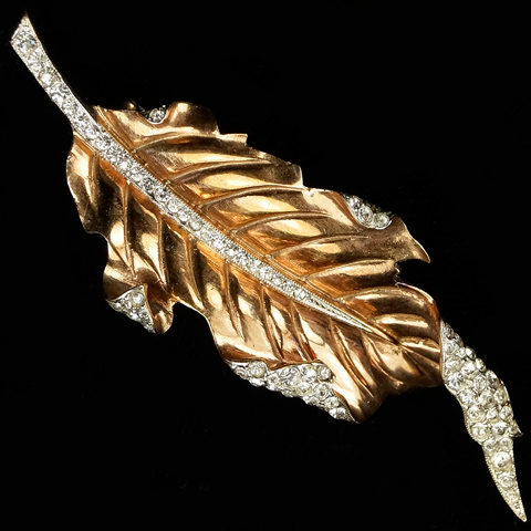 Trifari Sterling 'Alfred Philippe' Pave and Gold Long Curling Leaf Pin Clip