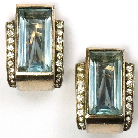 Trifari Sterling 'Alfred Philippe' Gold Pave and Aquamarine Deco Clip Earrings