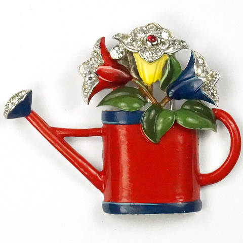 Trifari 'Joseph Wuyts' Enamel Floral Watering Can with Flowers Pin Clip
