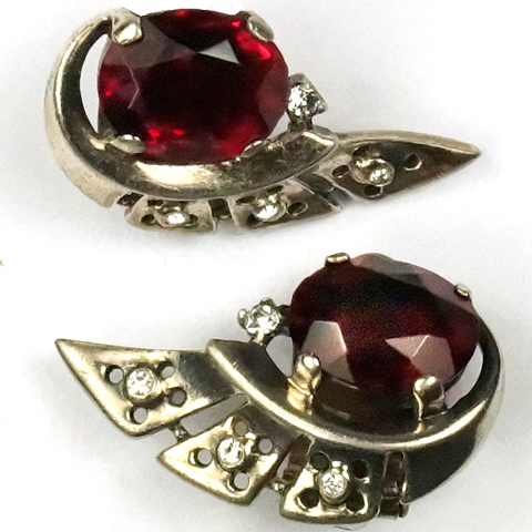 Trifari Sterling 'Alfred Philippe' Gold and Ruby Swirl Clip Earrings