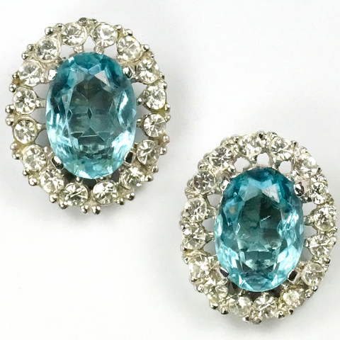 Trifari 'Alfred Philippe' Pave and Aquamarines 'Duck Egg' Clip Earrings