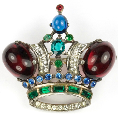 Trifari Sterling 'Alfred Philippe' Ruby Cabochon Emerald and Sapphire Large Royal Crown Pin
