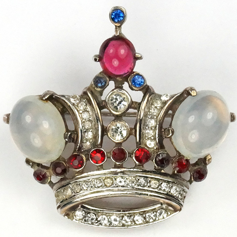 Trifari 'Alfred Philippe' White Moonstone Cabochon Sapphires and Rubies Medium Royal Crown Pin