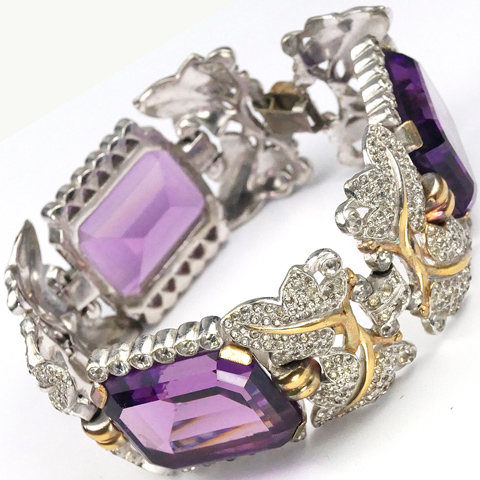 Trifari 'Alfred Philippe' Gold and Pave Leaves and Table Cut Amethysts Bracelet