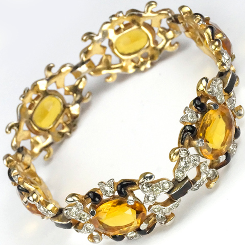 Trifari 'Alfred Philippe' 'Empress' Gold Citrine and Black Enamel Pave Scrolls Six Link Bracelet