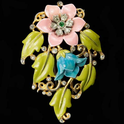 Trifari 'Alfred Philippe' Pink Carnation and Blue Lily Gold Pave and Enamel Pin Clip