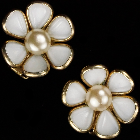Trifari 'Alfred Philippe' 'Blossomtime' White Poured Glass and Pearl Flower Clip Earrings
