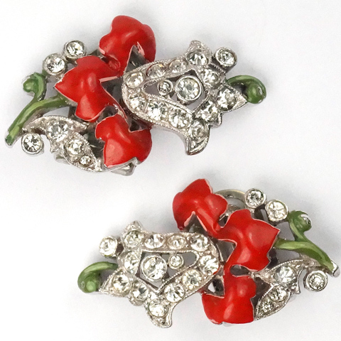 KTF Trifari 'Alfred Philippe' Pave Bellflower and Red and Green Enamel Flower Clip Earrings