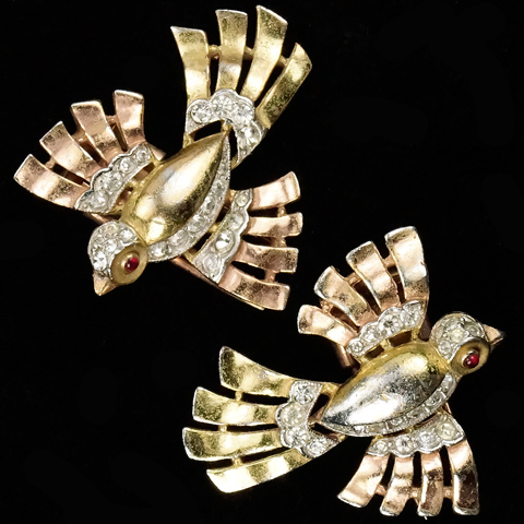 Trifari 'Alfred Philippe' Yellow and Rose Golden Birds in Flight Pair of Matching Pin Clips